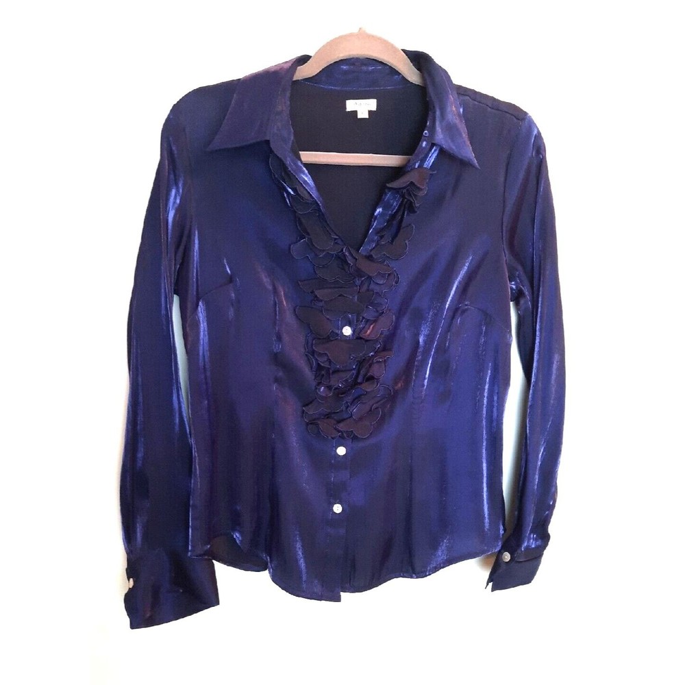 Agora Womens Cobalt Blue Shimmery Ruffled Front Button Up Top Sz L